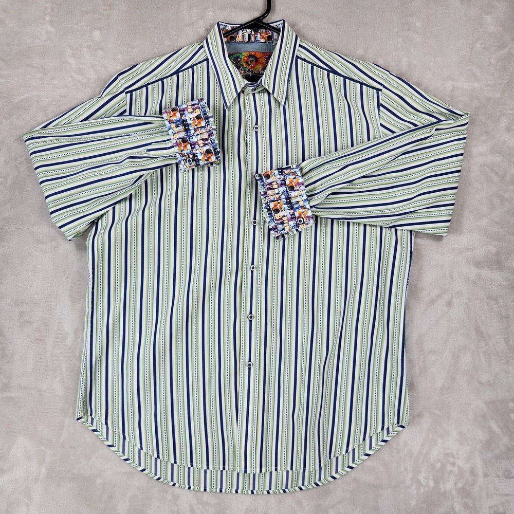 Robert Graham Shirt Mens Large Blue Striped Long Sleeve Button Up Music Cuff View 2